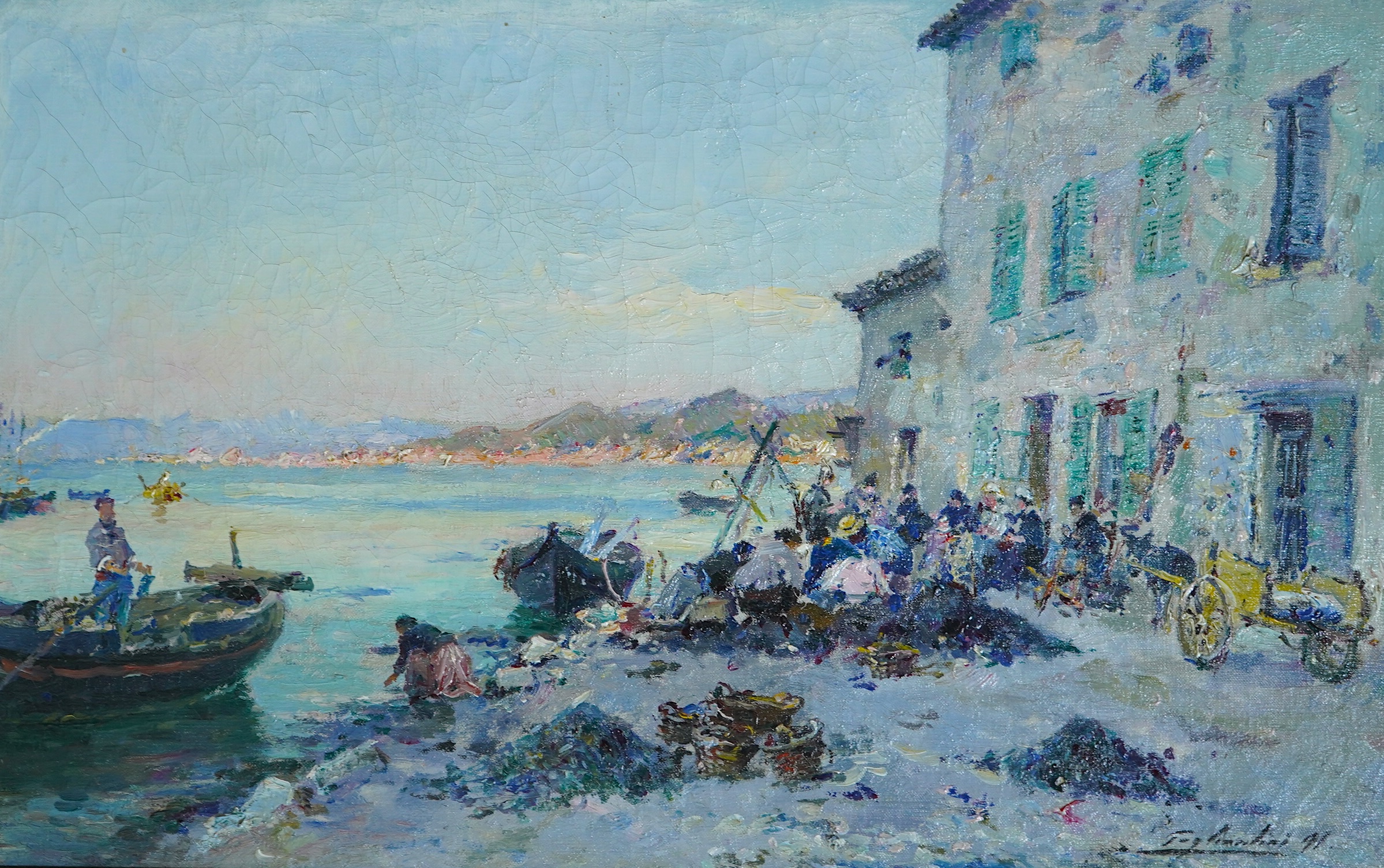 Julien Gustave Gagliardini (Italian, 1846-1927), Neapolitan coastal scene with seated figures, oil on canvas, 26 x 40cm